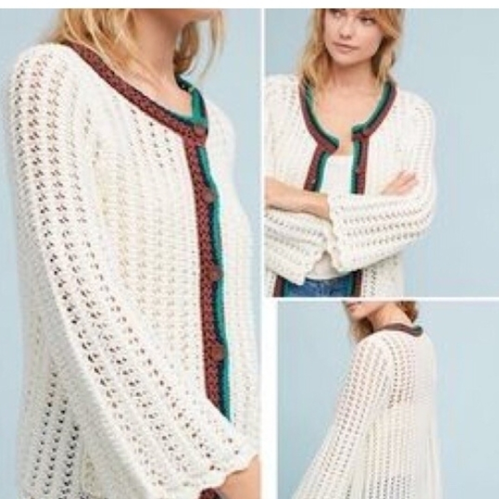 Anthropologie "Elsie" Cream Open-Knit Cardigan With Multicolor Trim S Nwot